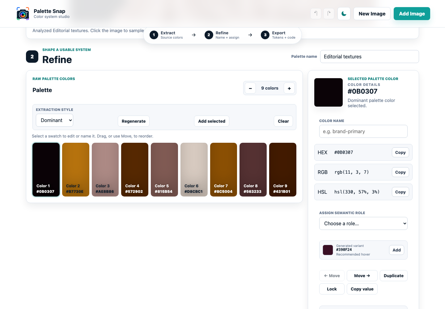 Palette Snap case-study cover showing the actual palette refinement workspace