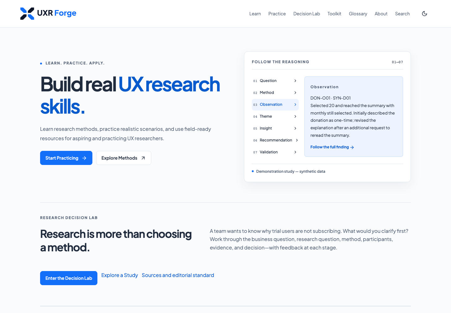 UXR Forge case-study cover showing the actual research learning workflow